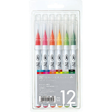 Kuretake Fude Brush Pen, Clean Color Real, 12 Colors Set (RB-6000AT/12VA)