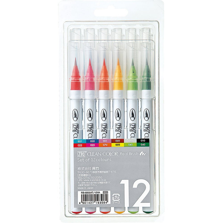 Kuretake Fude Brush Pen, Clean Color Real, 12 Colors Set (RB-6000AT/12VA)