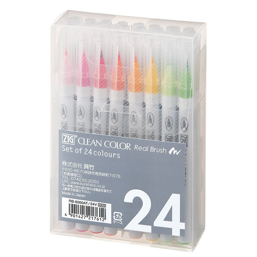 Kuretake Fude Brush Pen, Clean Color Real, 24 Colors Set (RB-6000AT/24V)