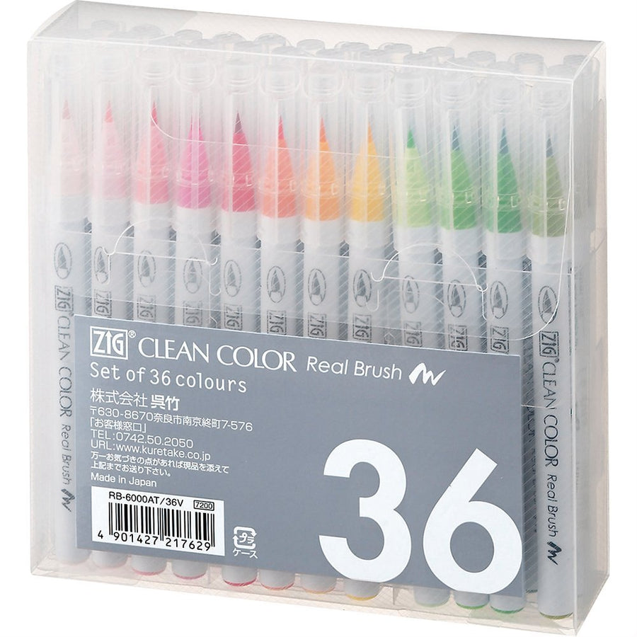 Kuretake Fude Brush Pen, Clean Color Real, 36 Colors Set (RB-6000AT/36V)