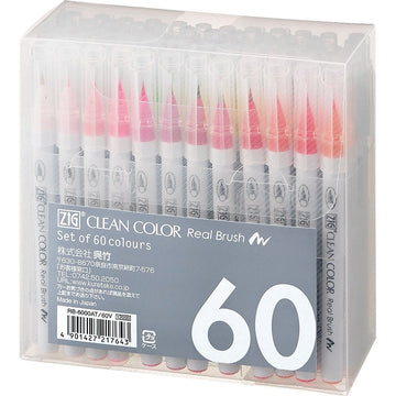 Kuretake Fude Brush Pen, Clean Color Real, 60 Colors Set (RB-6000AT/60V)