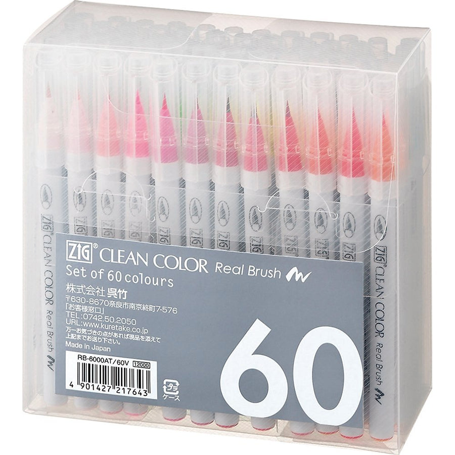 Kuretake Fude Brush Pen, Clean Color Real, 60 Colors Set (RB-6000AT/60V)